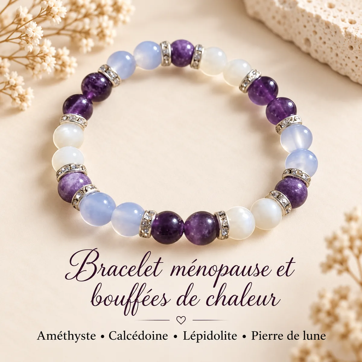 Bracelet ménopause et bouffées de chaleur en améthyste, calcédoine, lépidolite et pierre de lune