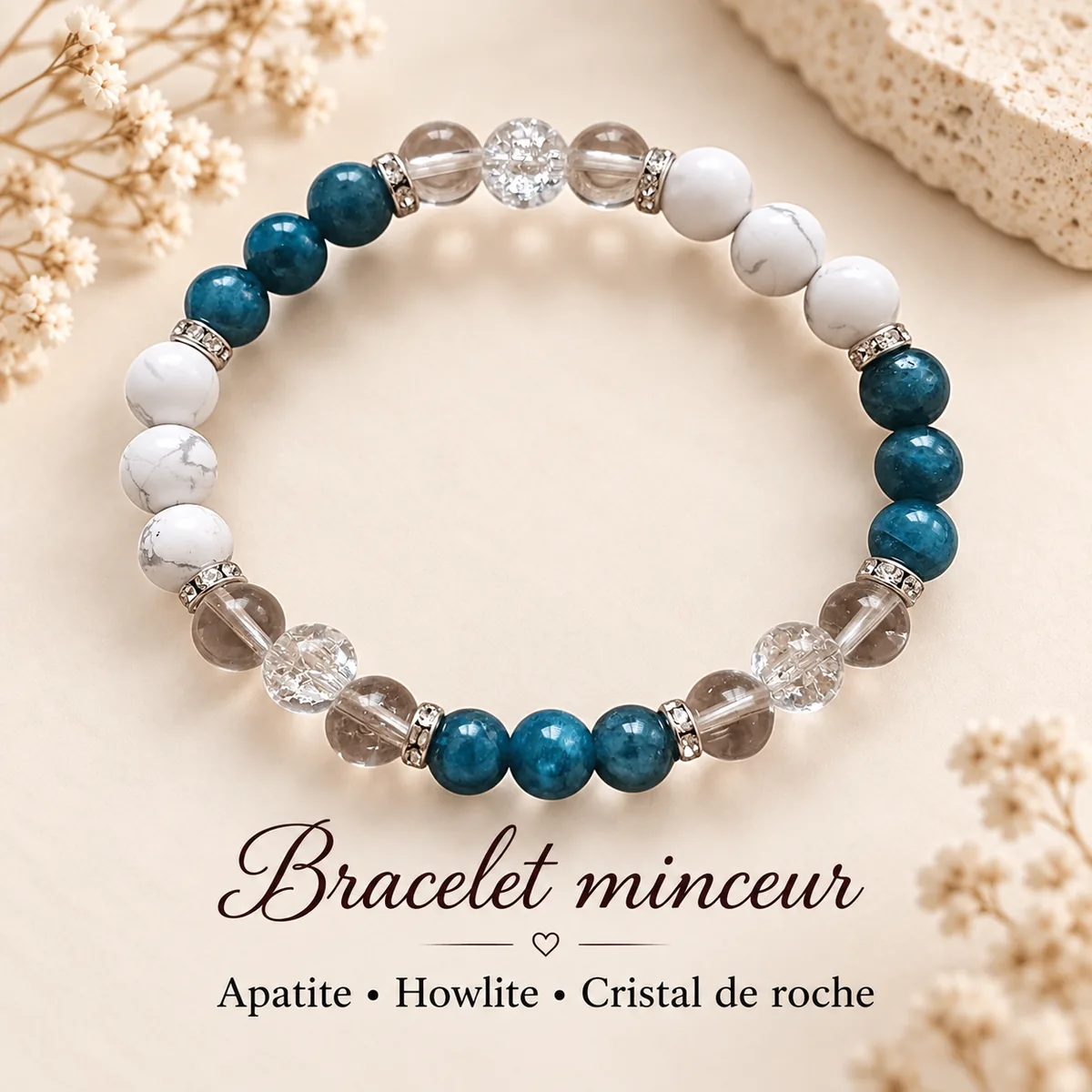 Bracelets personnalisés selon vos besoins. Bracelet minceur en apatite, howlite et cristal de roche