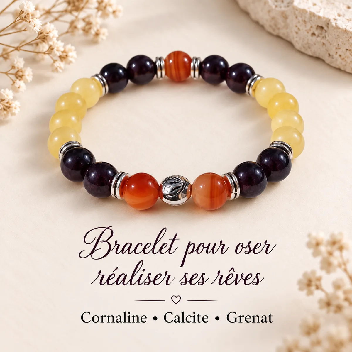 Bracelet pour oser réaliser ses rêves en cornaline, calcite et grenat