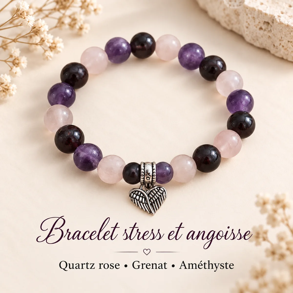 Bracelet stress et angoisse en quartz rose, grenat et améthyste