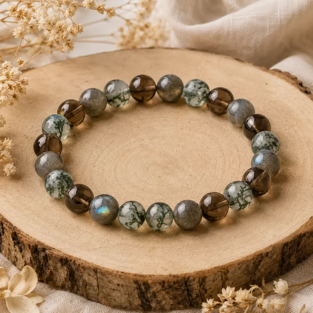 Bracelet Transformation sereine en Labradorite, Quartz fumé et Agate mousse sur rondin