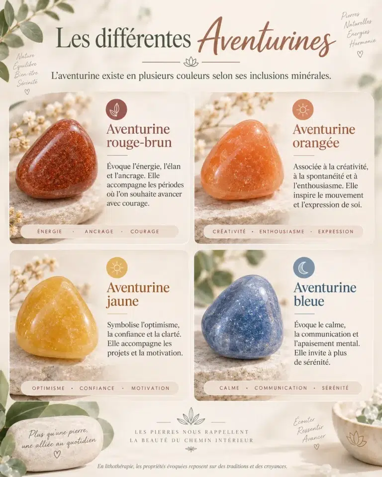 Vertus aventurine verte.Différentes couleurs d’Aventurine naturelle : rouge-brun, orangée, jaune et bleue