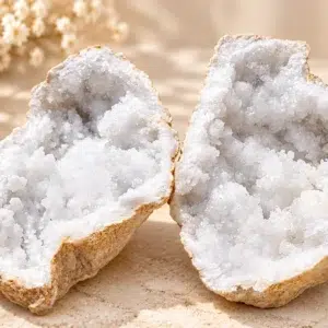 Deux moitiés d’une géode quartz blanc de 1,851 kg avec cristaux blancs scintillants