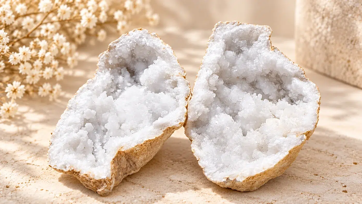 Deux moitiés d’une géode quartz blanc de 1,851 kg avec cristaux blancs scintillants