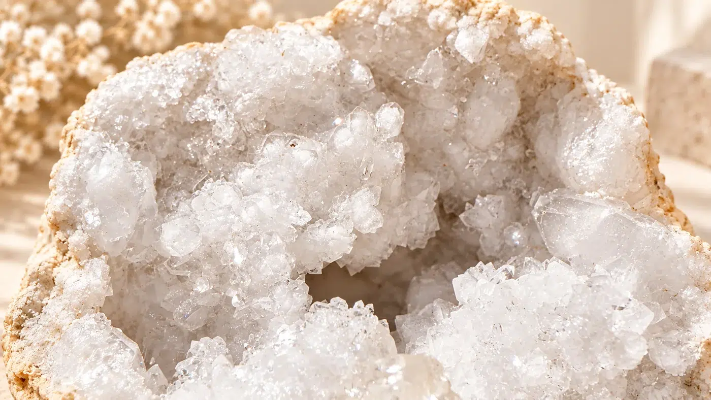 Gros plan sur les cristaux scintillants d’une géode quartz blanc de 1,851 kg