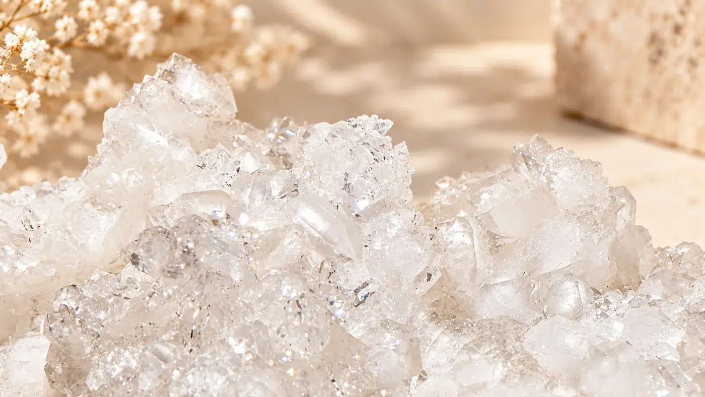 Vue rapprochée des cristaux blancs et transparents d’une géode quartz blanc de 1,851 kg