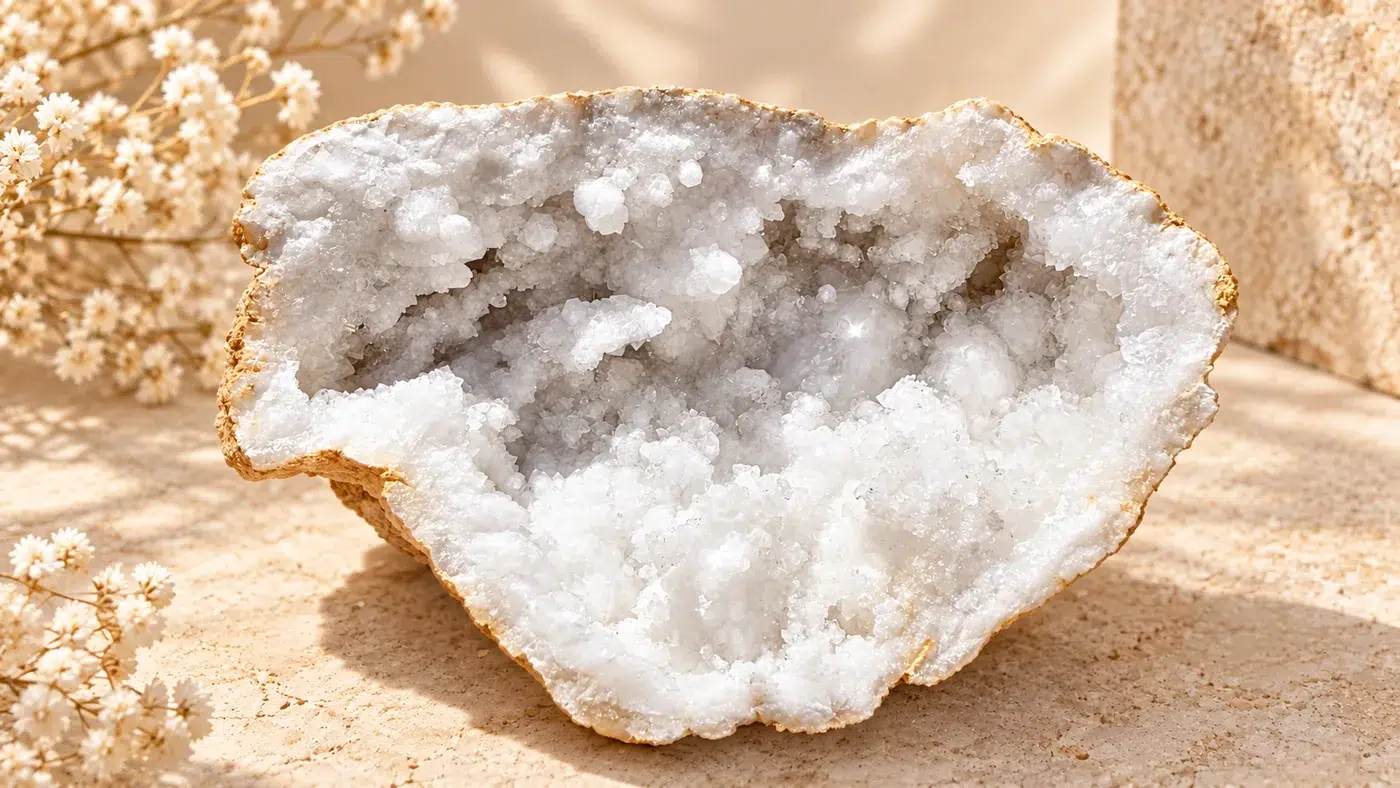 Première moitié d’une géode quartz blanc de 1,851 kg avec cristaux blancs lumineux