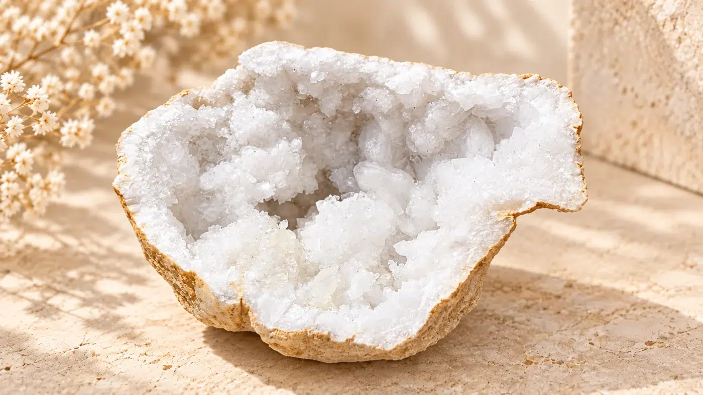 Deuxième moitié d’une géode quartz blanc de 1,851 kg avec cavité cristallisée