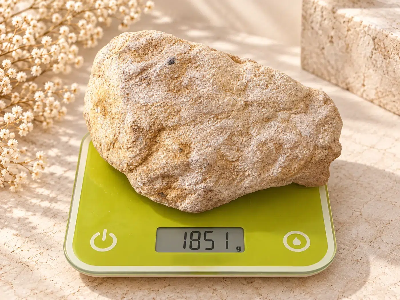 Géode quartz blanc posée sur une balance affichant 1 851 g