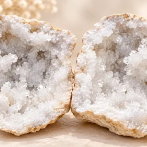 Deux demi-géodes de quartz blanc ouvertes avec cristaux scintillants