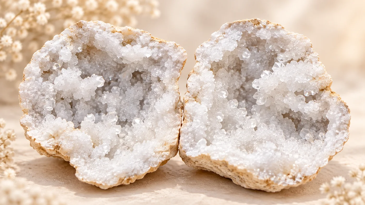Deux demi-géodes de quartz blanc ouvertes avec cristaux scintillants