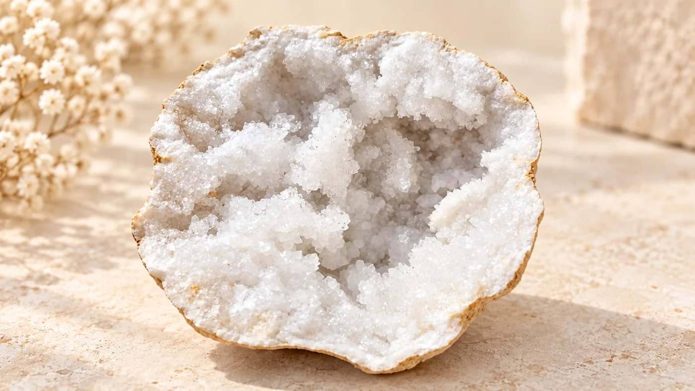 Première moitié de géode quartz blanc avec cavité cristallisée