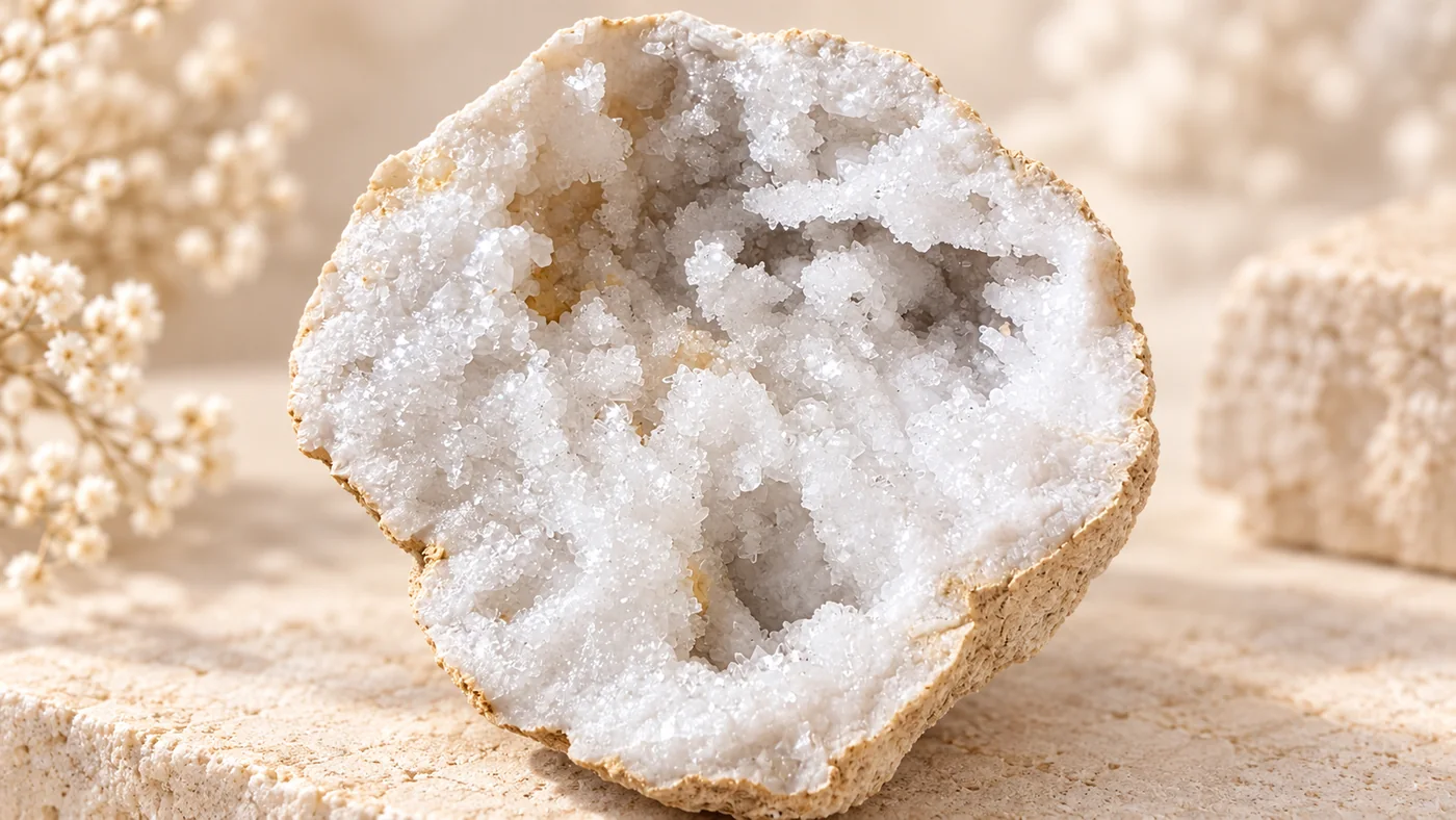 Seconde moitié de géode quartz blanc ouverte sur fond minéral