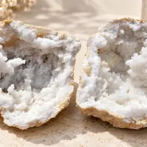 Deux moitiés d’une géode quartz calcite de 1,073 kg avec cristaux blancs scintillants