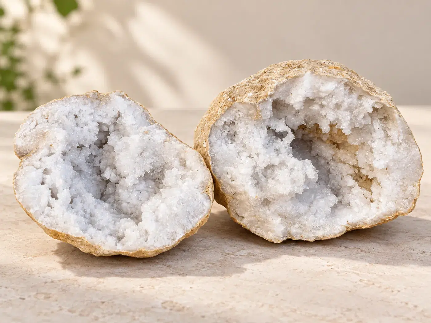 Deux moitiés d’une géode quartz calcite de 1,624 kg avec cristaux blancs scintillants