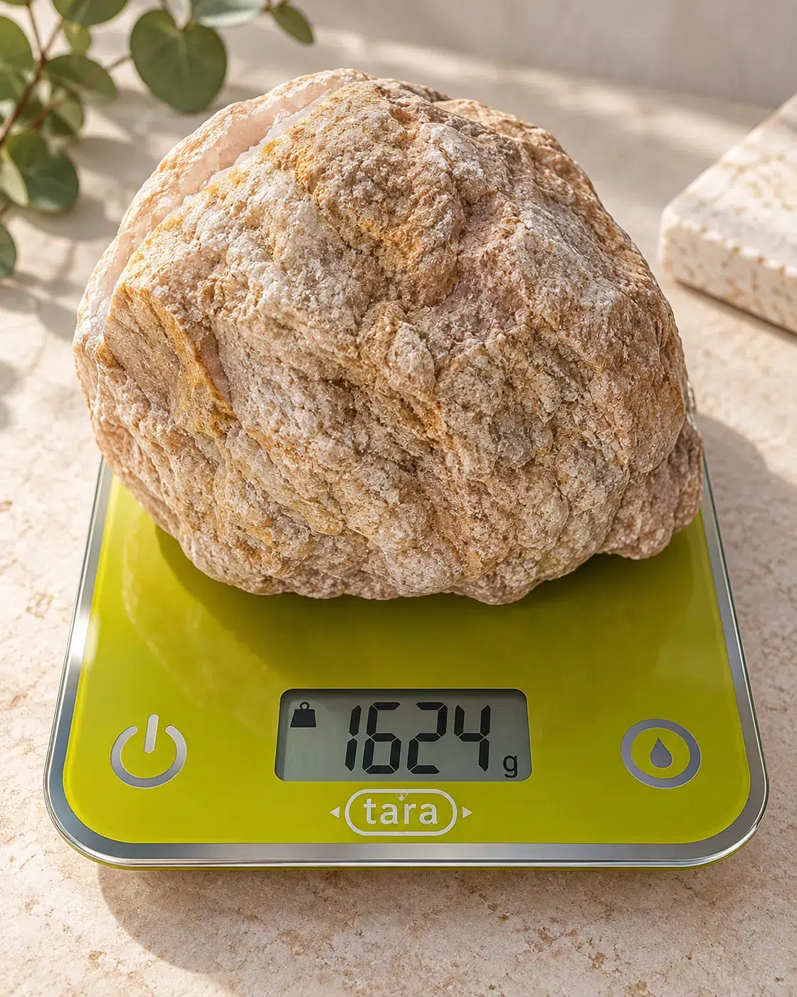 Géode quartz calcite posée sur une balance affichant 1 624 g