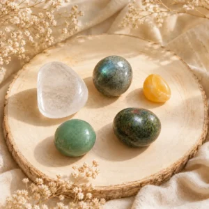 Kit pierres nouveau départ avec Agate mousse, Aventurine verte, Labradorite, Calcite jaune et Cristal de roche