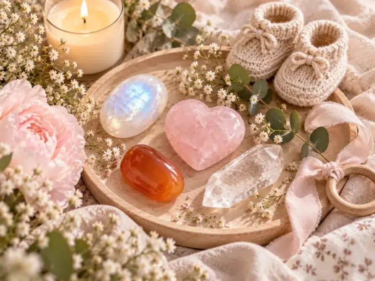 Pierres naturelles et maternité avec Quartz rose, Pierre de lune et chaussons de bébé