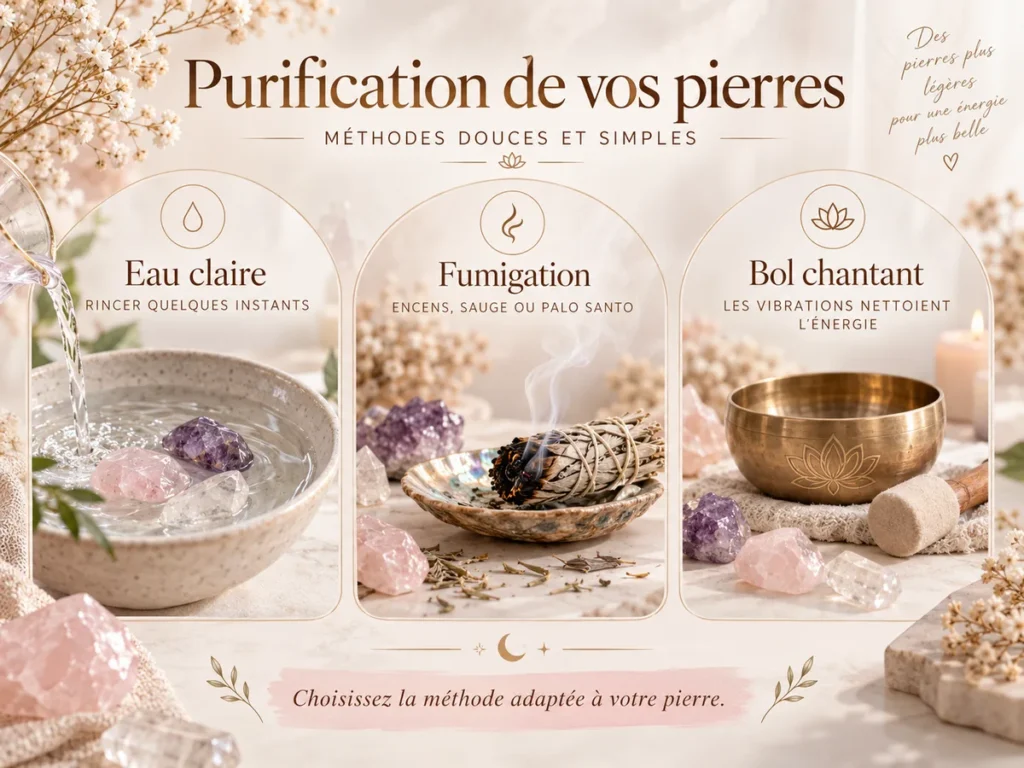 Méthodes de purification des pierres naturelles avec eau, fumigation et bol chantant