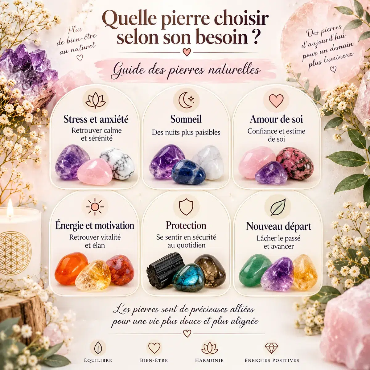 Quelle pierre choisir selon son besoin avec pierres naturelles pour stress, sommeil, amour de soi, protection, motivation et nouveau départ