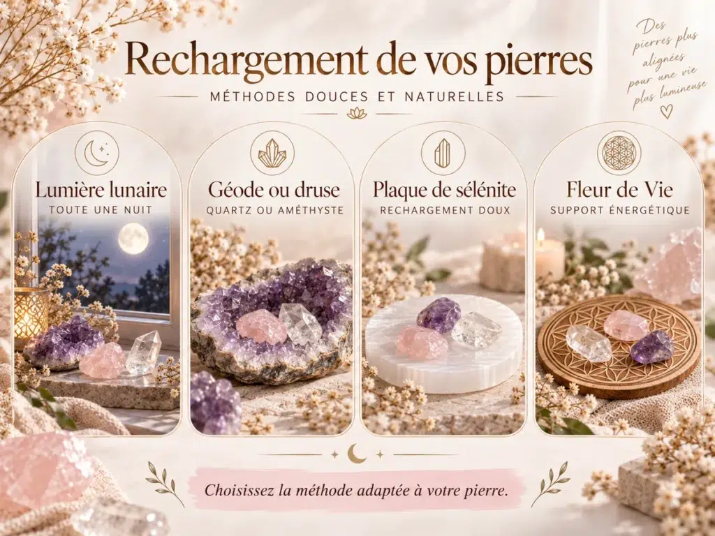 Méthodes de rechargement des pierres avec lune, géode, sélénite et Fleur de Vie
