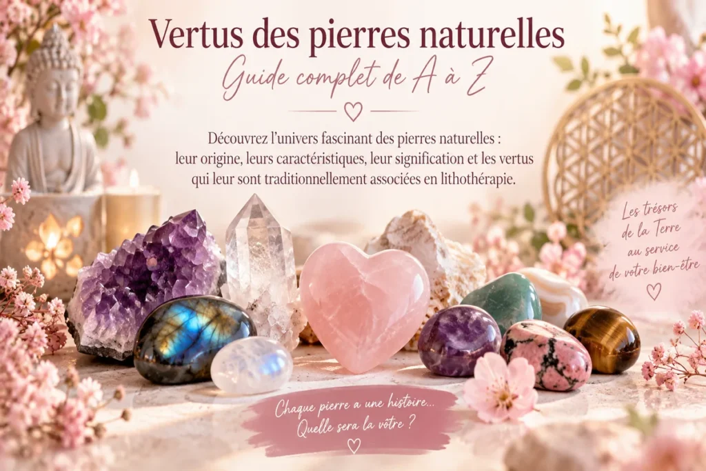 Guide des vertus des pierres naturelles de A à Z avec Quartz rose, Améthyste, Labradorite et autres minéraux