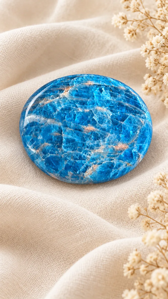 Galet en apatite bleue aux motifs clairs entrecroisés, posé sur du lin ivoire.