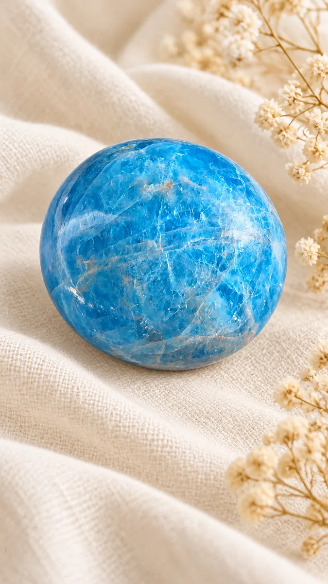 Galet arrondi en apatite bleue claire avec des bandes naturelles sur du lin ivoire.
