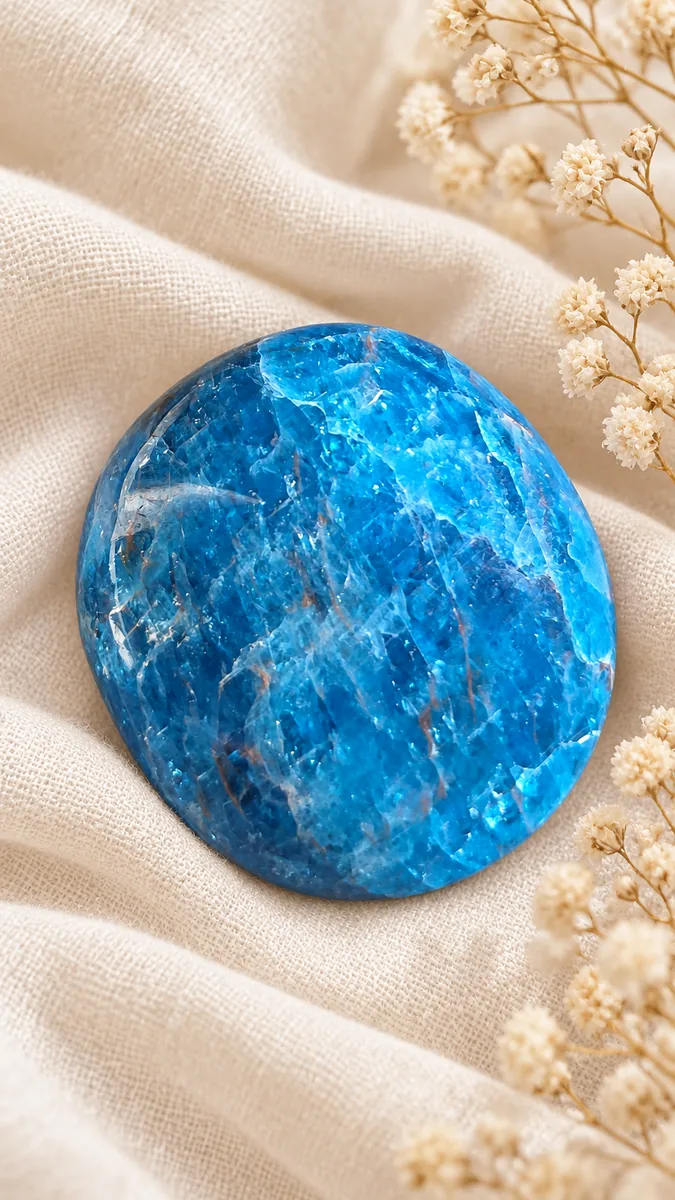 Galet ovale en apatite bleue intense avec des veinures naturelles sur un tissu ivoire.