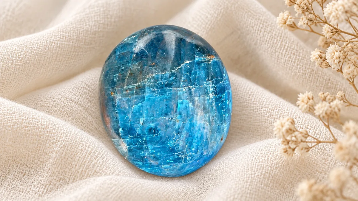 Galet ovale en apatite bleue traversé de bandes minérales claires, sur du lin ivoire.