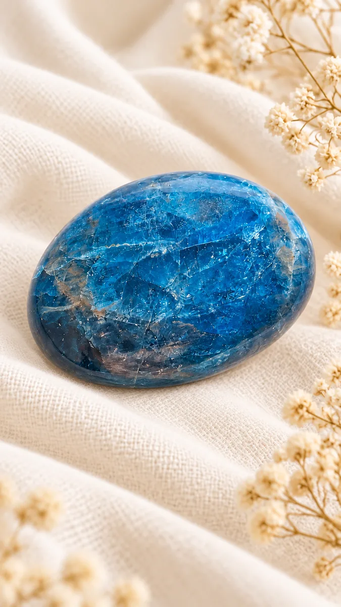 Galet d’apatite bleue naturelle n° 5 aux nuances bleu profond et turquoise sur fond beige doux.
