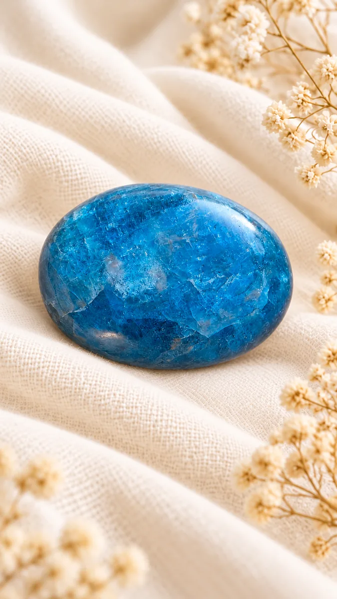 Galet poli d’apatite bleue n° 6 aux reflets bleu turquoise et aux inclusions naturelles sur tissu beige.