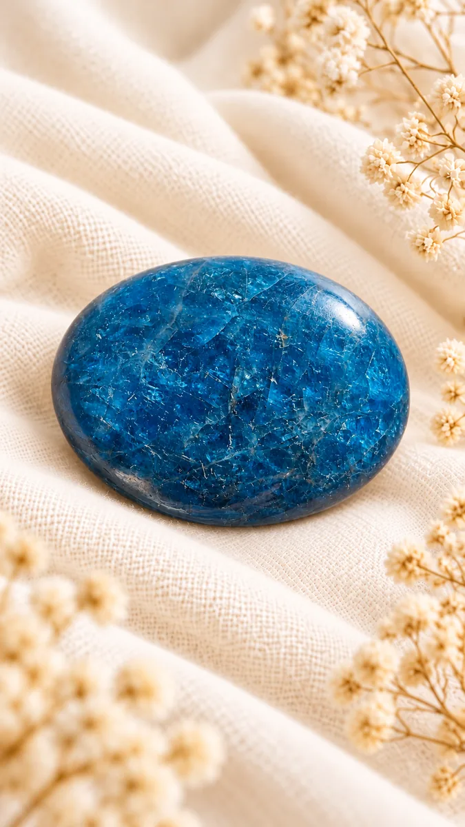 Apatite bleue naturelle n° 7, galet ovale poli bleu intense aux fines veinures sur fond beige romantique.