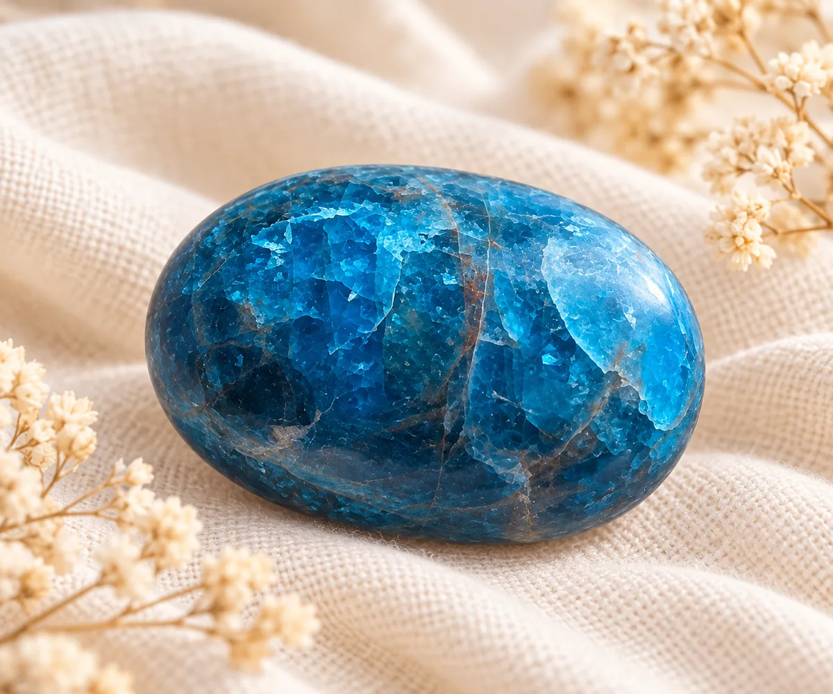 Galet d’apatite bleue n° 8 aux nuances bleu océan et turquoise avec veinures naturelles sur tissu écru.