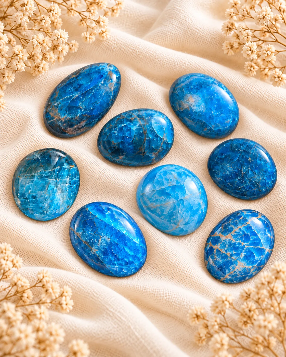 Ensemble de 8 galets d’apatite bleue naturelle de Madagascar, présentés sur un tissu beige doux avec de petites fleurs séchées.