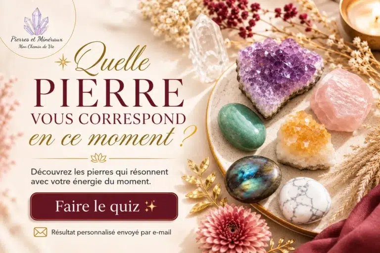 Quiz « Quelle pierre vous correspond en ce moment ? » avec améthyste, quartz rose, citrine, labradorite, aventurine et howlite.